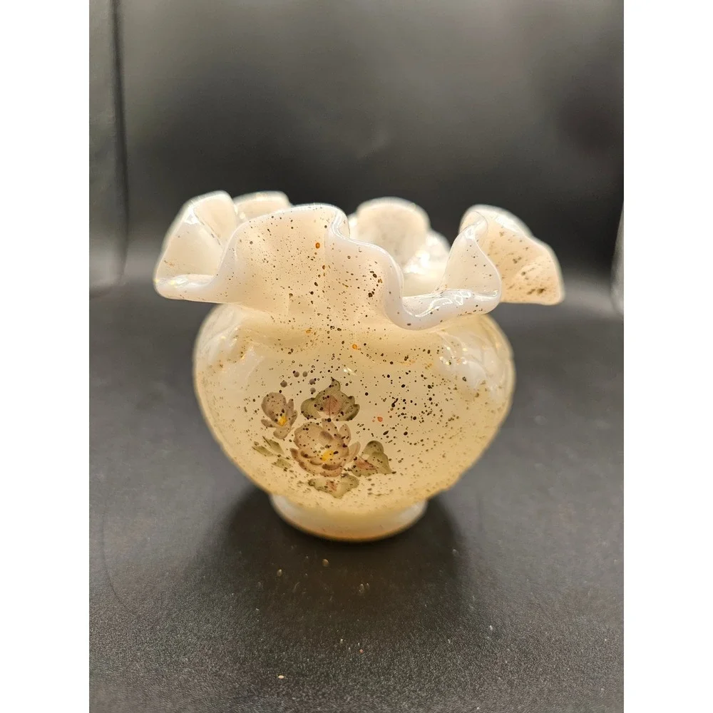 Fenton Handpainted Ruffled Mini Rose Bowl Vase Signed V Anderson Gold Glitter XX